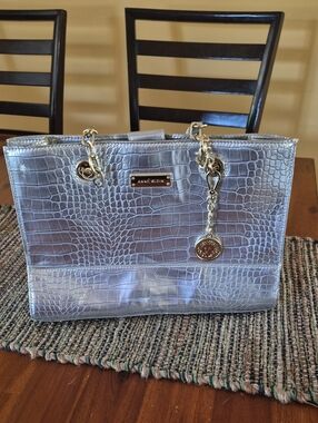 Anne Klein Metallic Silver Croc-Embossed Tote with Gold Accents